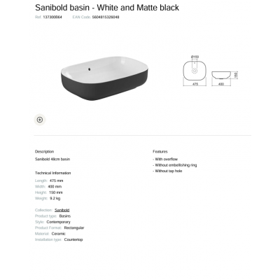 Νιπτήρας Επικαθήμενος SANIBOLD WHITE/SATIN BLACK 47,5x40x15cm 
